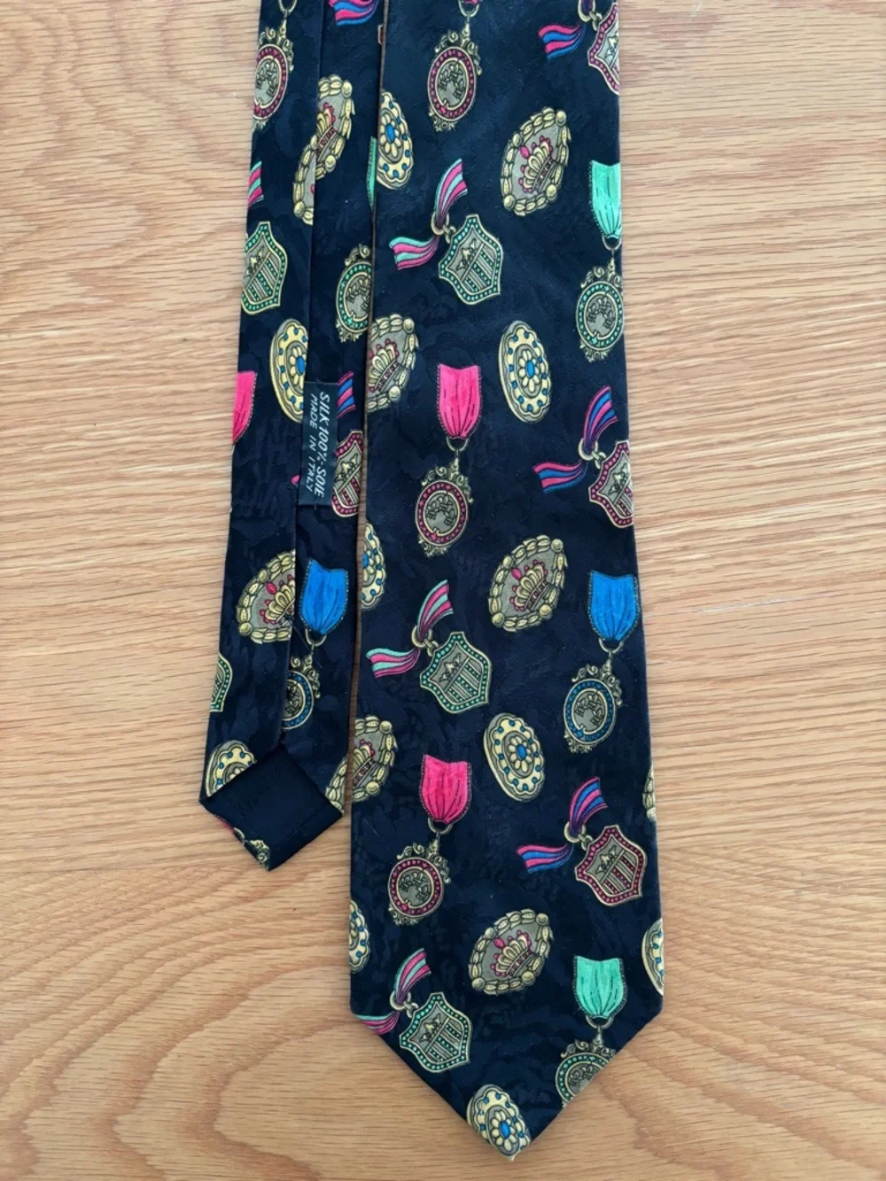 Brioni Italy Silk Tie Black Medal Crest Medallion Print Luxury Designer